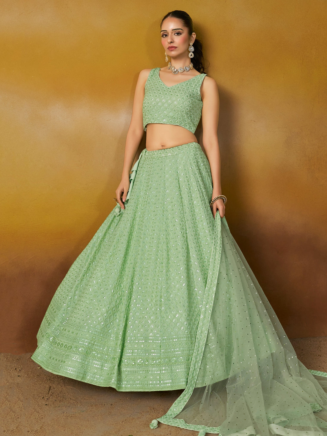 Mint Green Embroidered Lehenga Choli with Matching Sheer Dupatta
