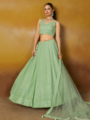 Mint Green Embroidered Lehenga Choli with Matching Sheer Dupatta