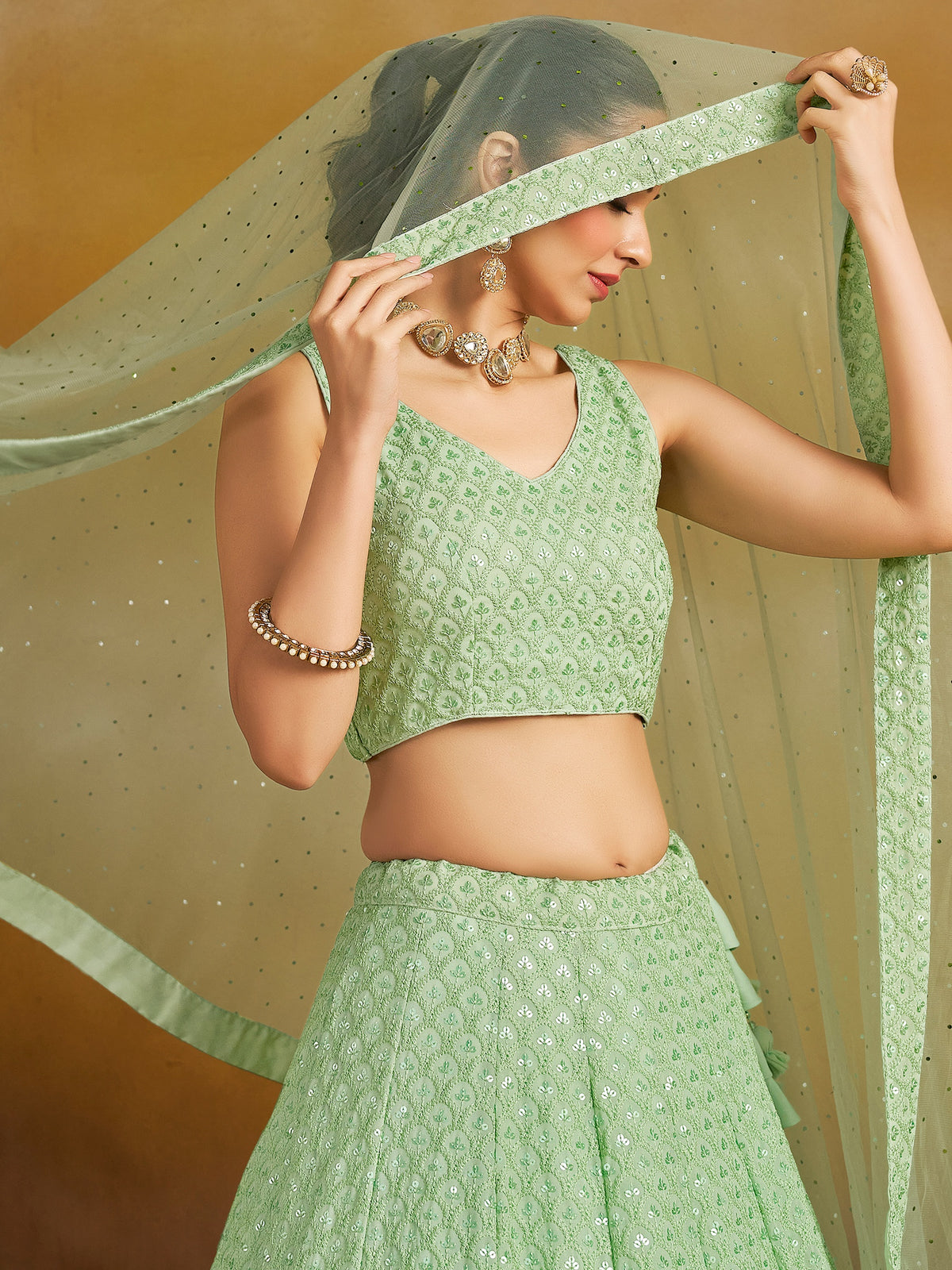 Mint Green Embroidered Lehenga Choli with Matching Sheer Dupatta