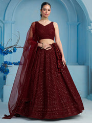 Maroon Embroidered Lehenga Choli with Matching Sheer Dupatta