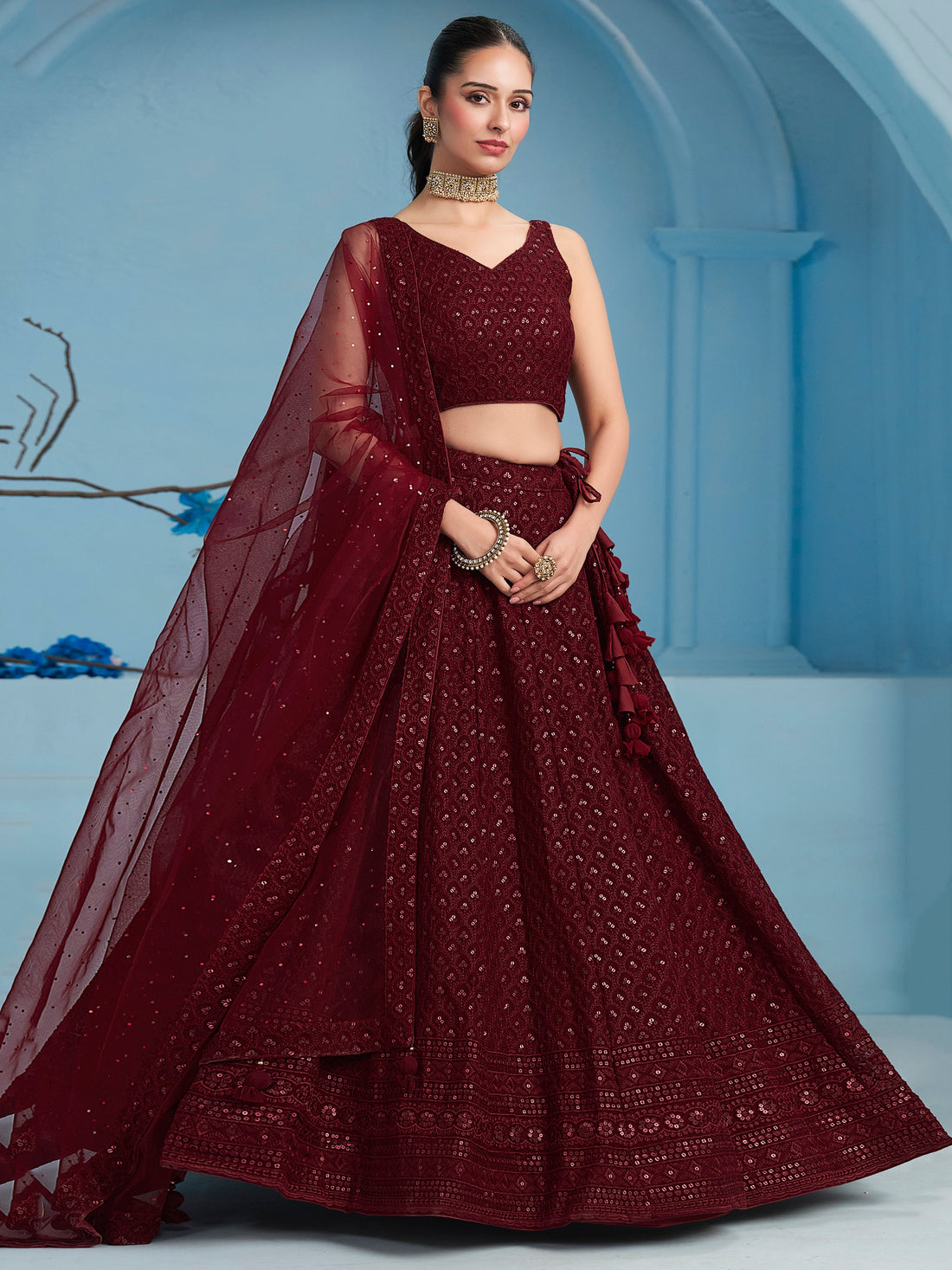 Maroon Embroidered Lehenga Choli with Matching Sheer Dupatta