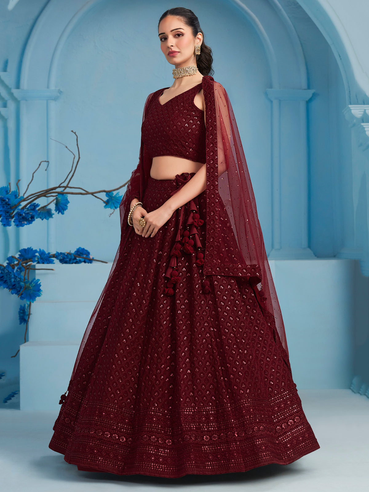 Maroon Embroidered Lehenga Choli with Matching Sheer Dupatta