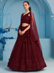 Maroon Embroidered Lehenga Choli with Matching Sheer Dupatta
