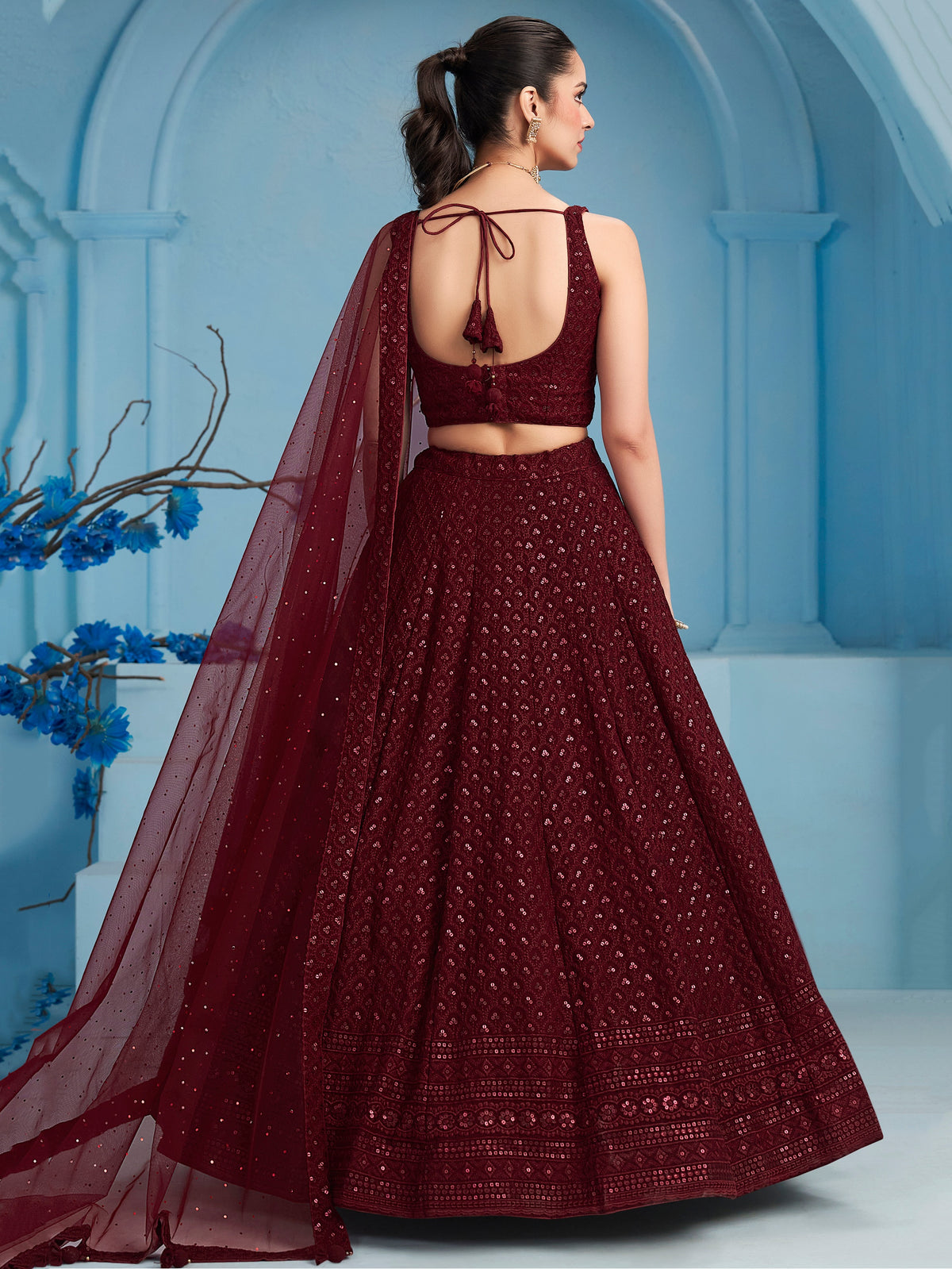Maroon Embroidered Lehenga Choli with Matching Sheer Dupatta