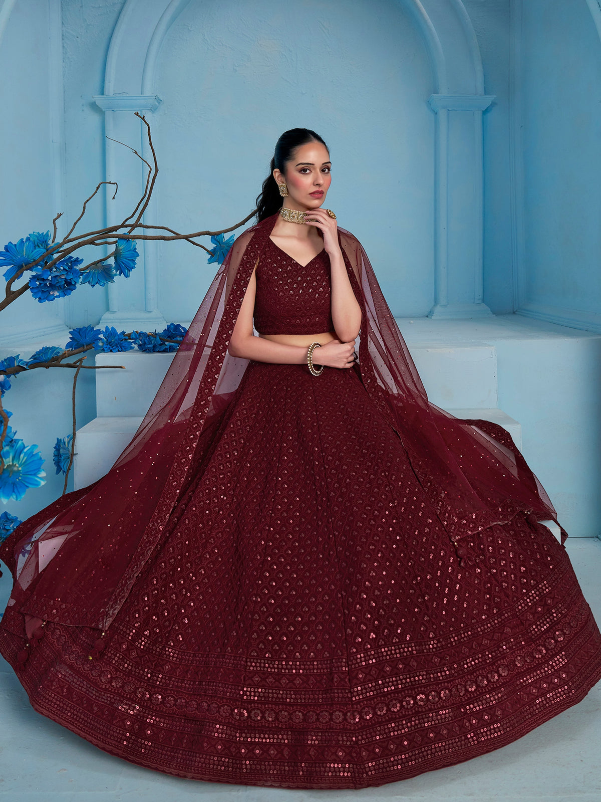 Maroon Embroidered Lehenga Choli with Matching Sheer Dupatta