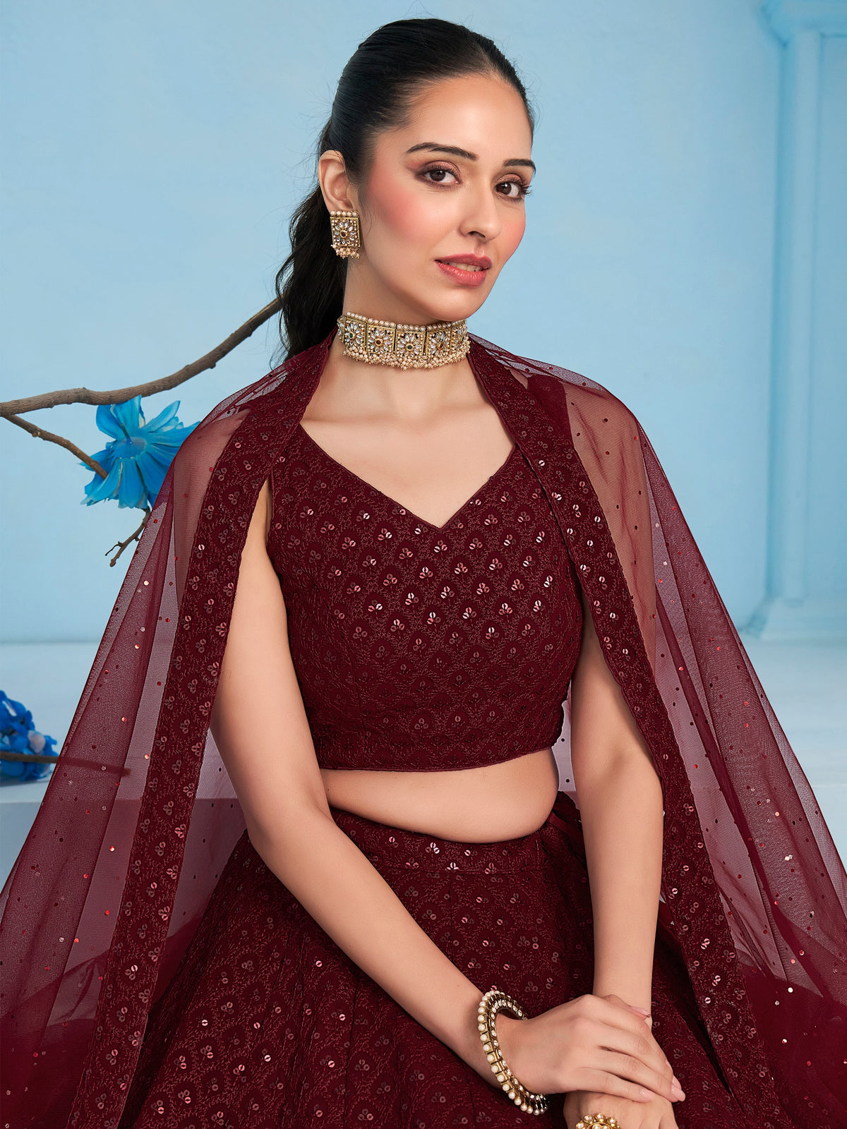 Maroon Embroidered Lehenga Choli with Matching Sheer Dupatta