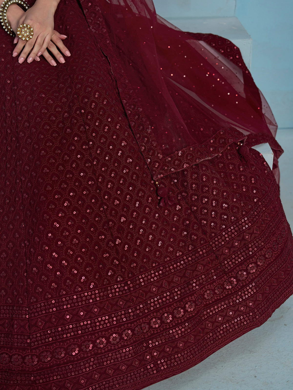 Maroon Embroidered Lehenga Choli with Matching Sheer Dupatta