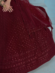 Maroon Embroidered Lehenga Choli with Matching Sheer Dupatta