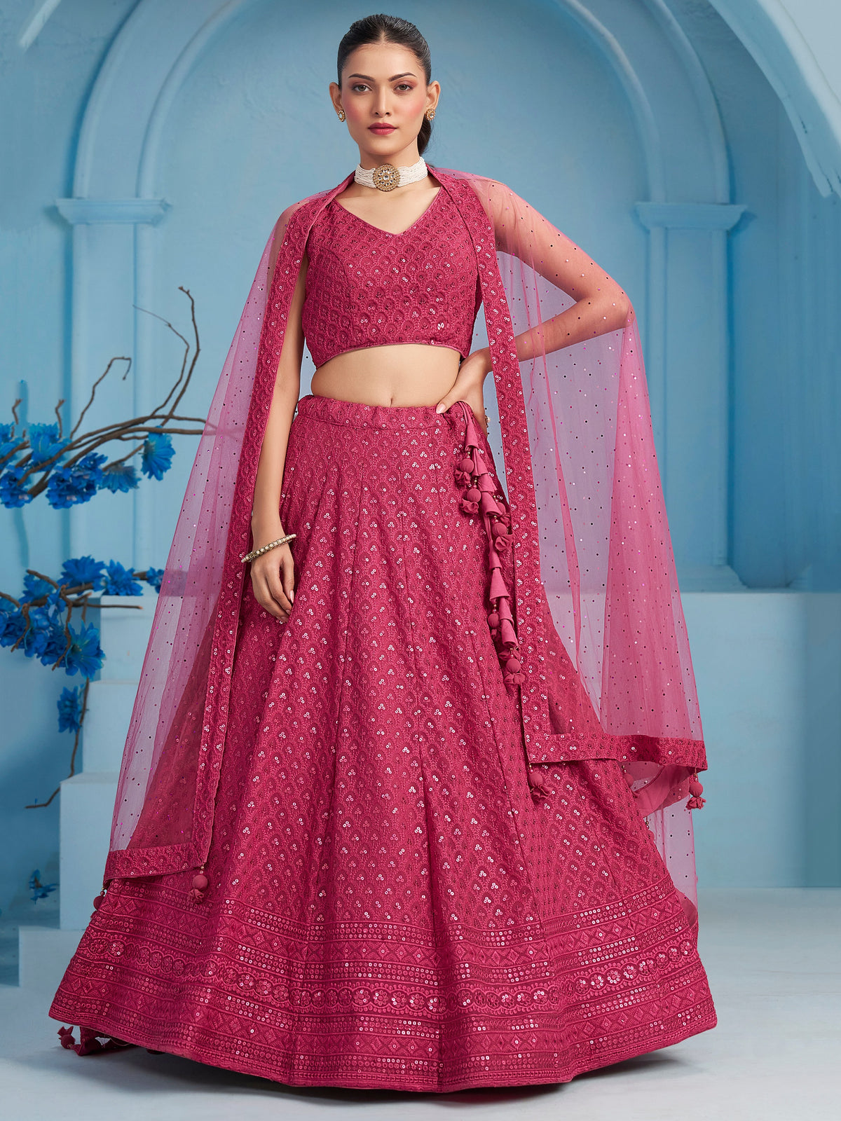 Rani Pink Embroidered Lehenga Choli with Matching Sheer Dupatta