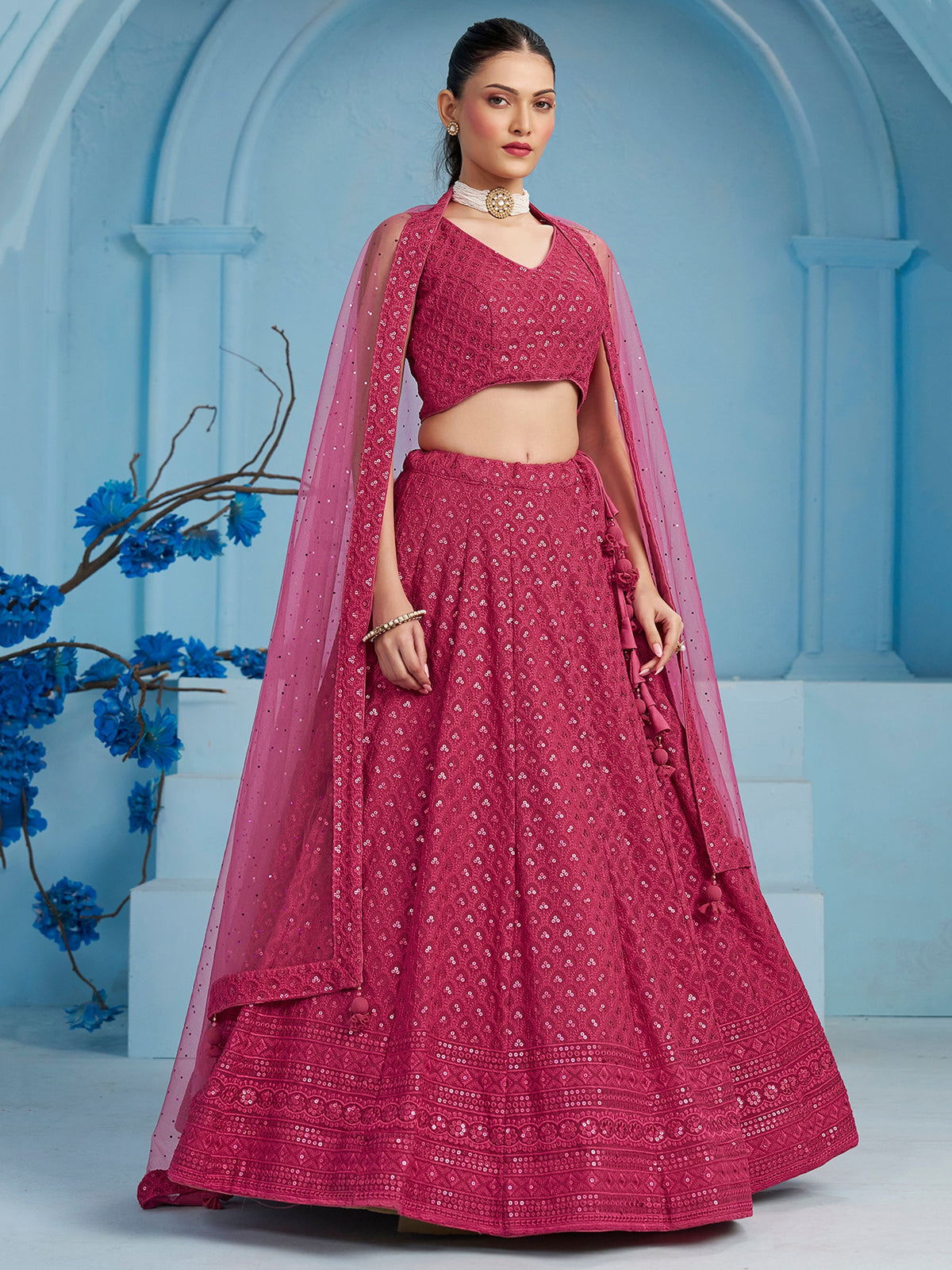 Rani Pink Embroidered Lehenga Choli with Matching Sheer Dupatta
