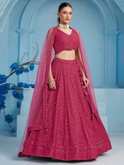 Rani Pink Embroidered Lehenga Choli with Matching Sheer Dupatta
