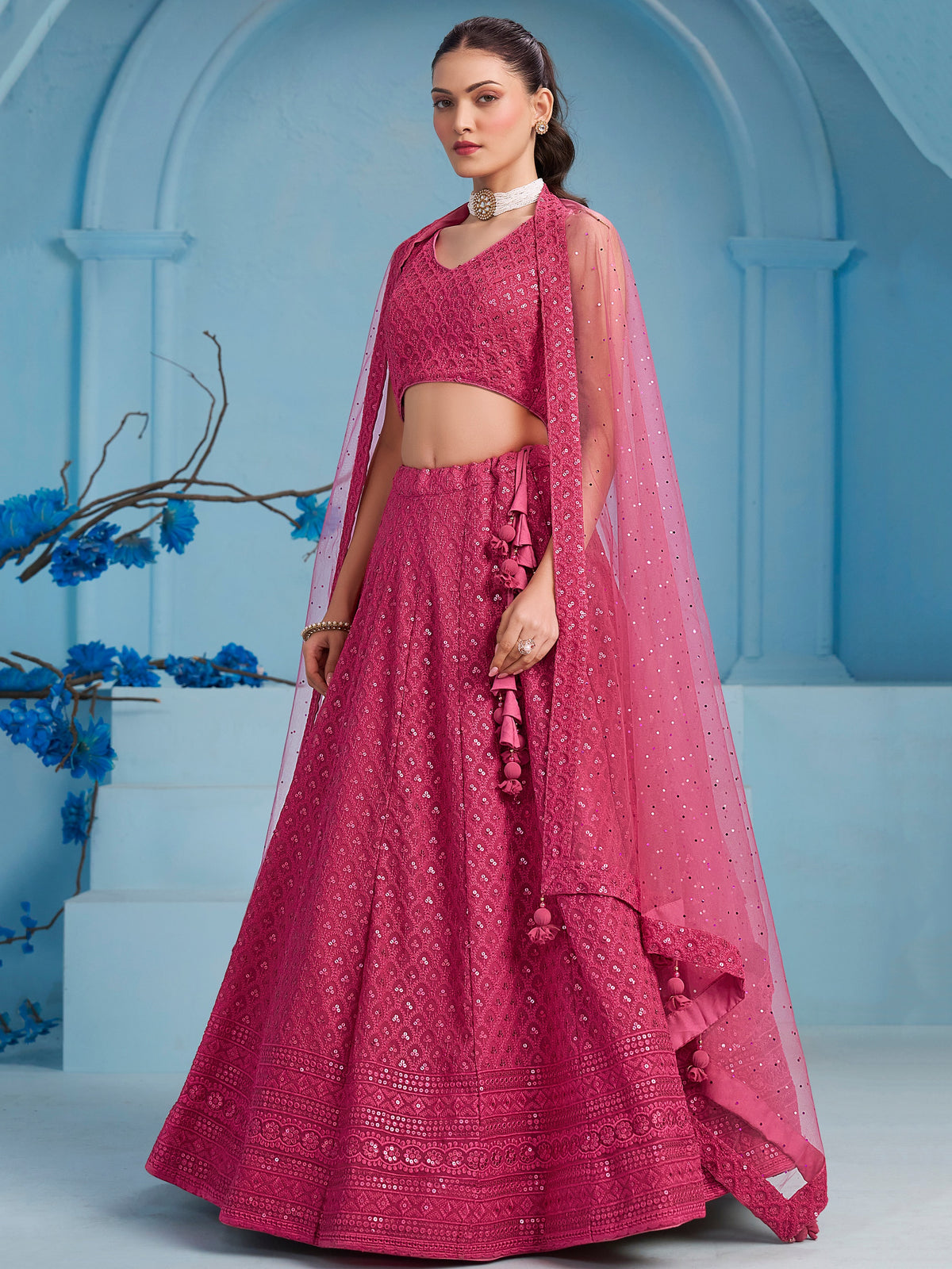 Rani Pink Embroidered Lehenga Choli with Matching Sheer Dupatta