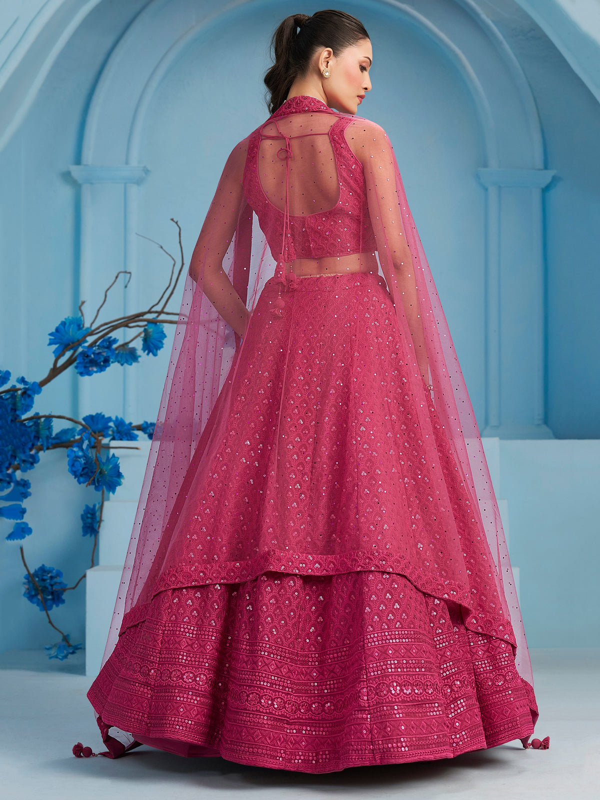 Rani Pink Embroidered Lehenga Choli with Matching Sheer Dupatta