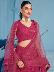 Rani Pink Embroidered Lehenga Choli with Matching Sheer Dupatta