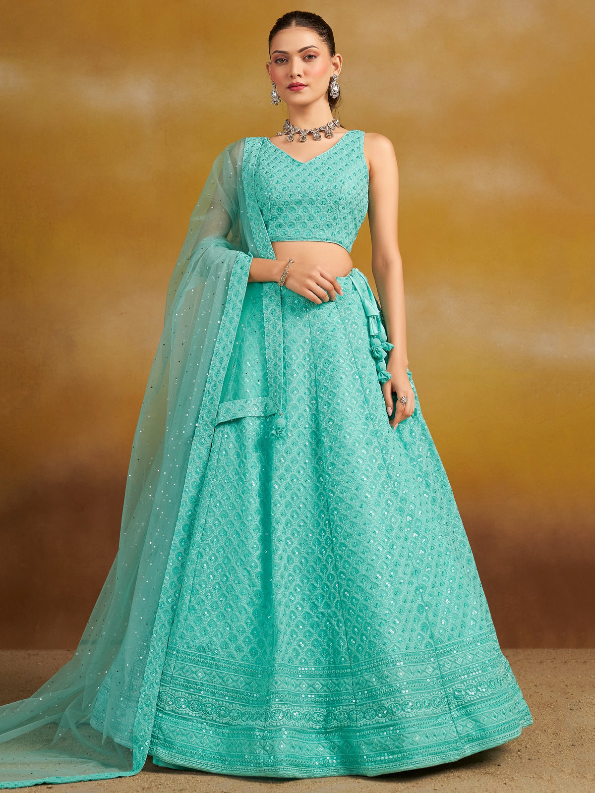 Sky Blue Embroidered Lehenga Choli with Matching Sheer Dupatta