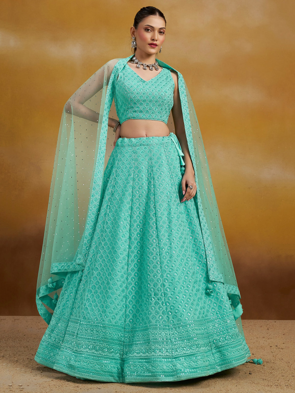 Sky Blue Embroidered Lehenga Choli with Matching Sheer Dupatta