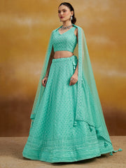 Sky Blue Embroidered Lehenga Choli with Matching Sheer Dupatta