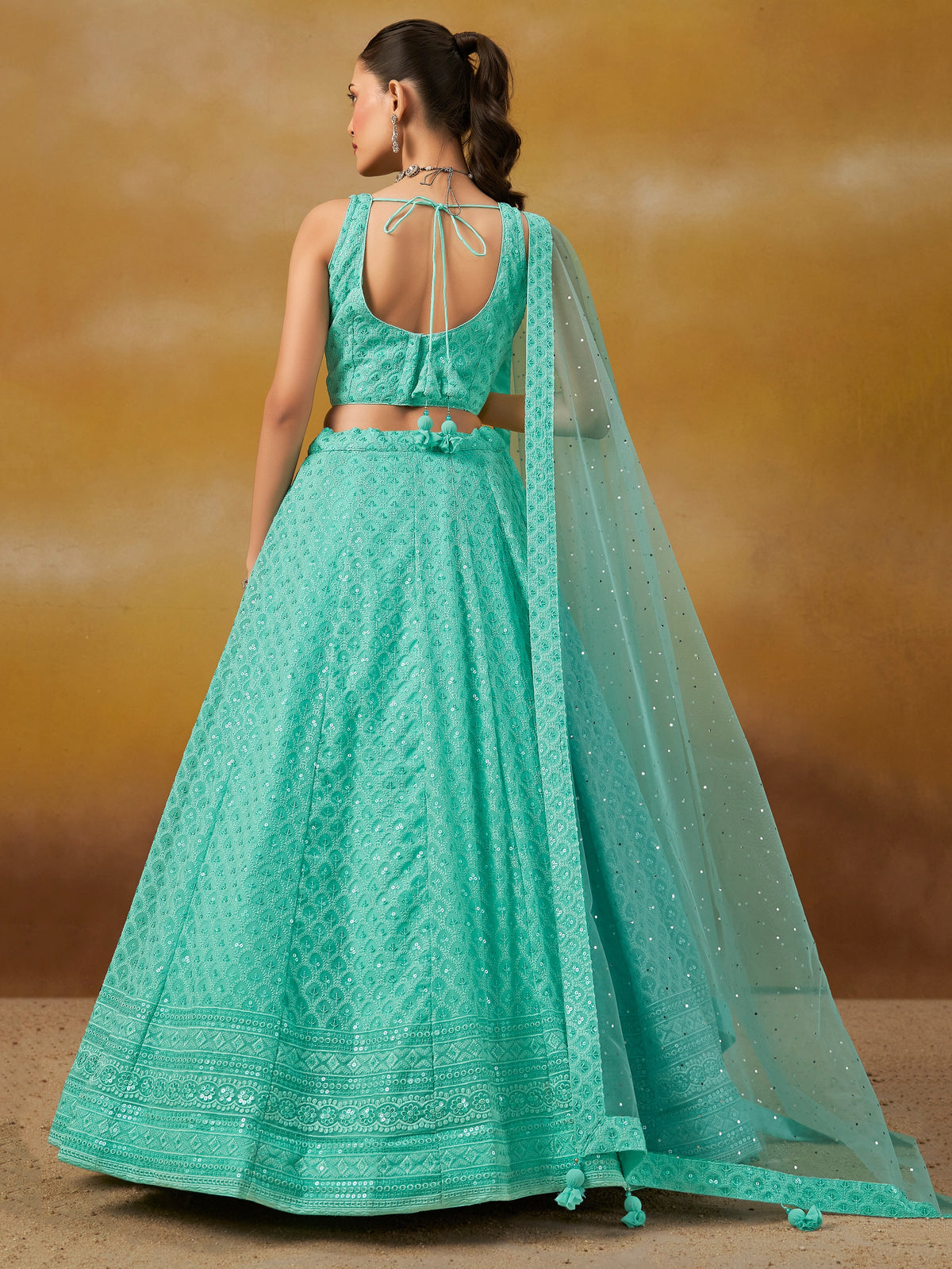 Sky Blue Embroidered Lehenga Choli with Matching Sheer Dupatta