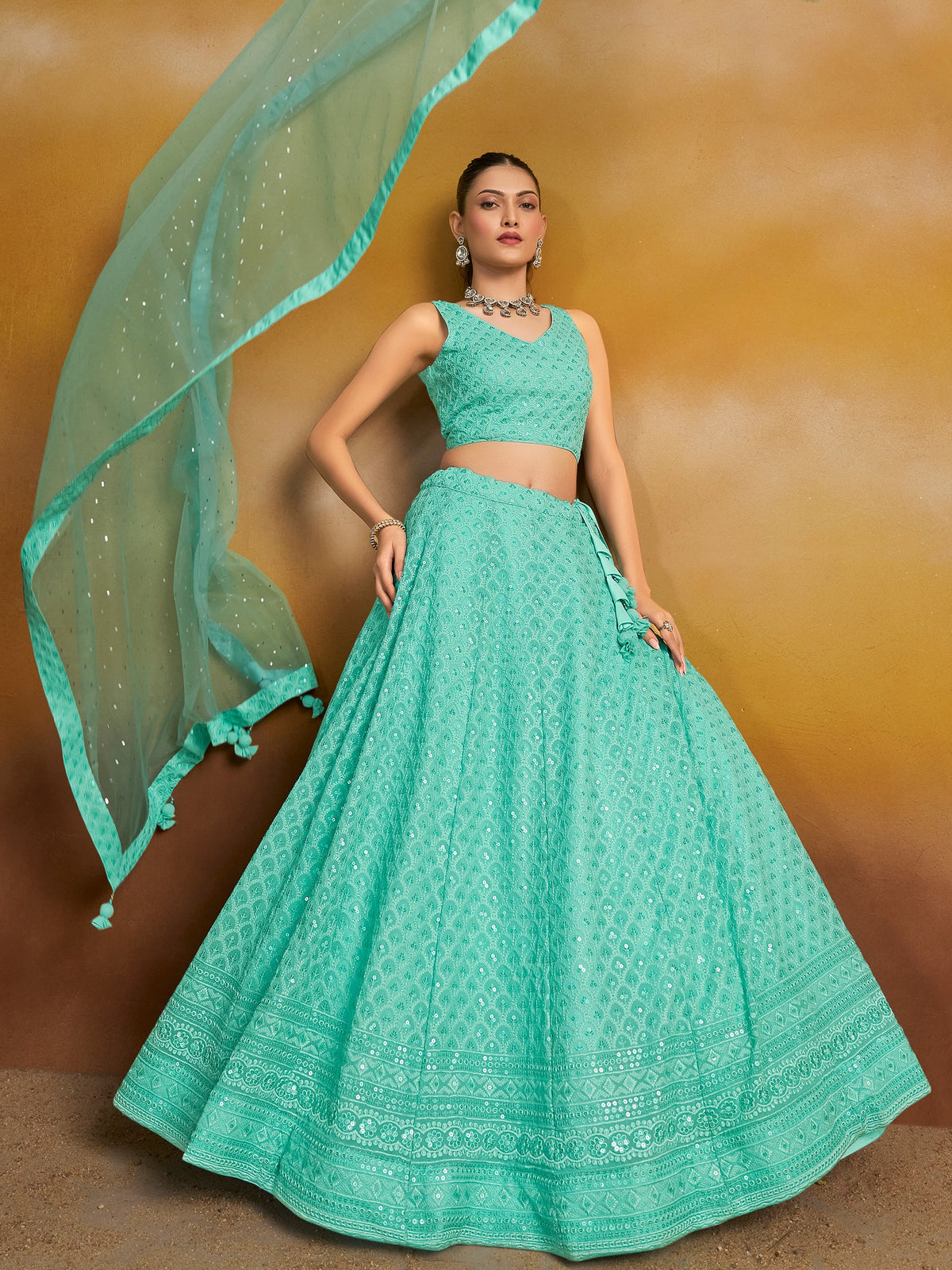 Sky Blue Embroidered Lehenga Choli with Matching Sheer Dupatta