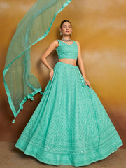 Sky Blue Embroidered Lehenga Choli with Matching Sheer Dupatta
