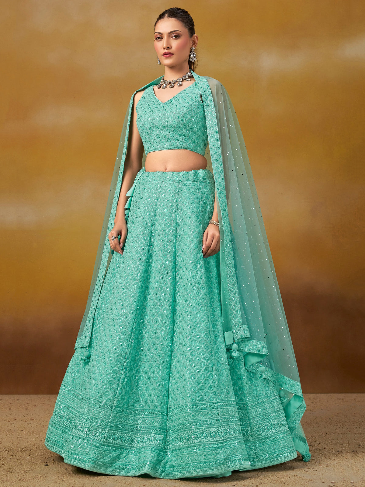 Sky Blue Embroidered Lehenga Choli with Matching Sheer Dupatta