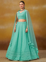 Sky Blue Embroidered Lehenga Choli with Matching Sheer Dupatta