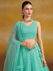 Sky Blue Embroidered Lehenga Choli with Matching Sheer Dupatta