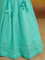 Sky Blue Embroidered Lehenga Choli with Matching Sheer Dupatta