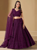 Wine Purple Embroidered Lehenga Choli with Matching Sheer Dupatta