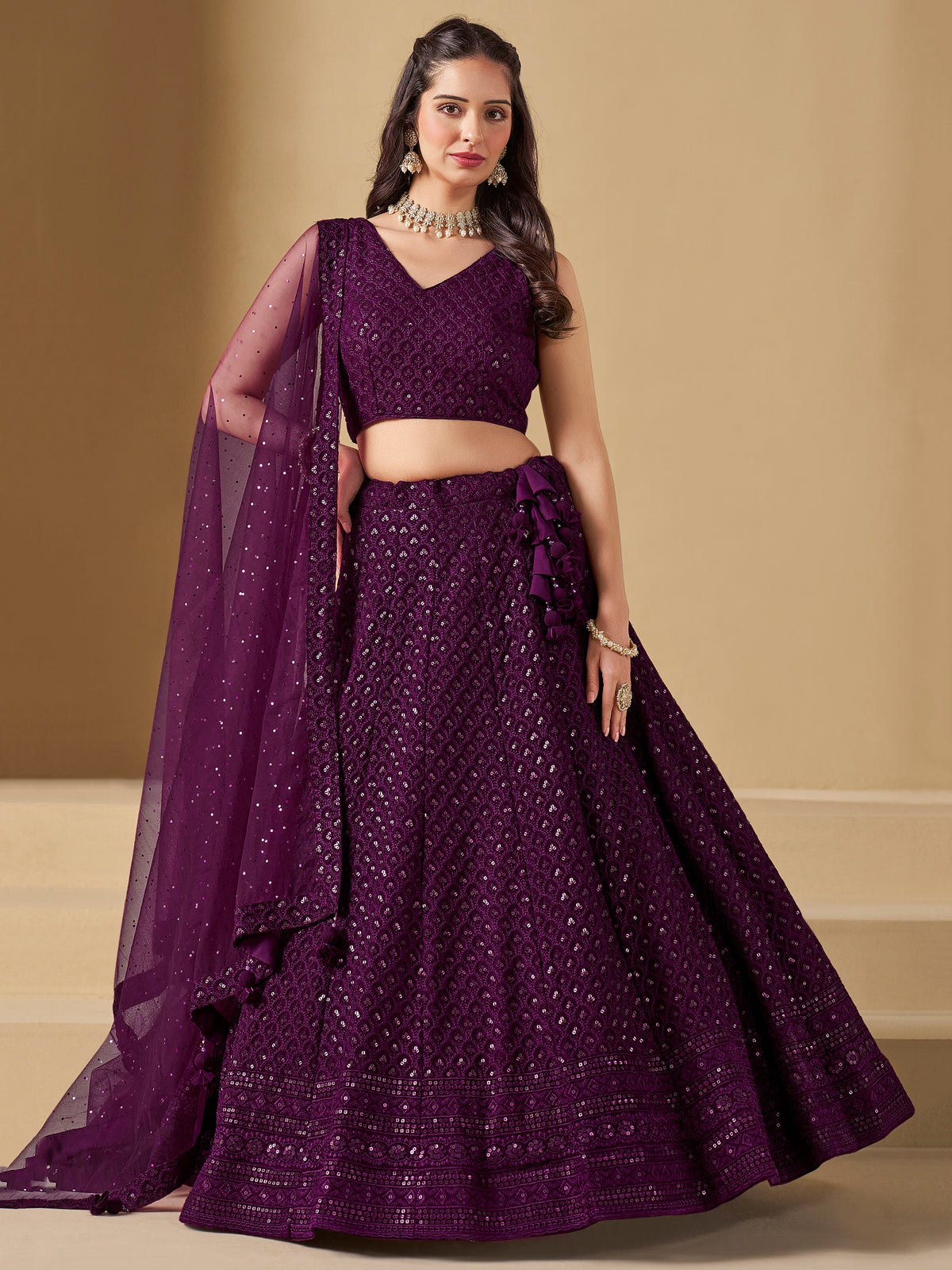 Wine Purple Embroidered Lehenga Choli with Matching Sheer Dupatta
