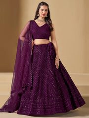 Wine Purple Embroidered Lehenga Choli with Matching Sheer Dupatta