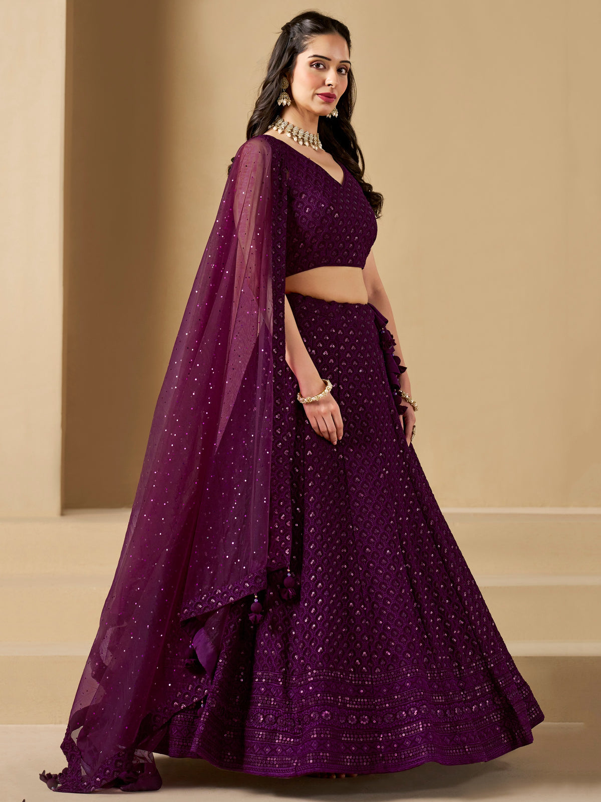 Wine Purple Embroidered Lehenga Choli with Matching Sheer Dupatta