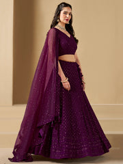 Wine Purple Embroidered Lehenga Choli with Matching Sheer Dupatta