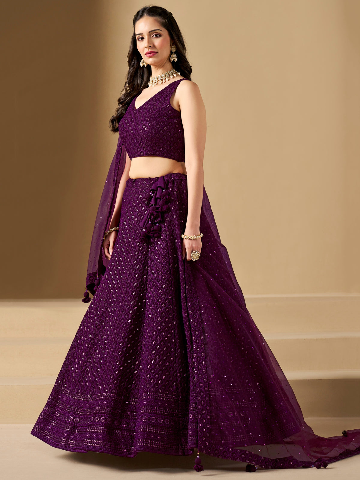 Wine Purple Embroidered Lehenga Choli with Matching Sheer Dupatta