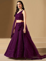 Wine Purple Embroidered Lehenga Choli with Matching Sheer Dupatta