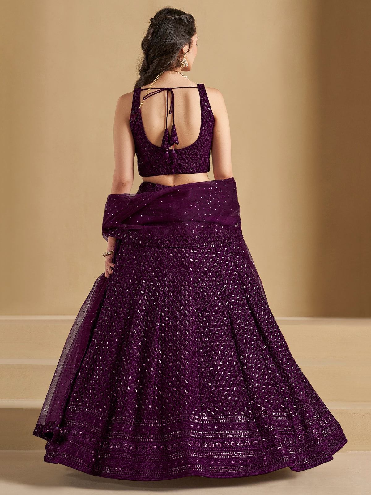 Wine Purple Embroidered Lehenga Choli with Matching Sheer Dupatta