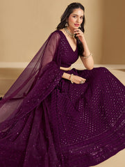 Wine Purple Embroidered Lehenga Choli with Matching Sheer Dupatta