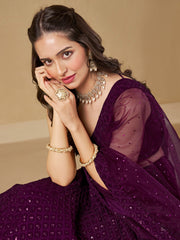 Wine Purple Embroidered Lehenga Choli with Matching Sheer Dupatta