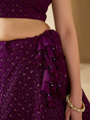 Wine Purple Embroidered Lehenga Choli with Matching Sheer Dupatta