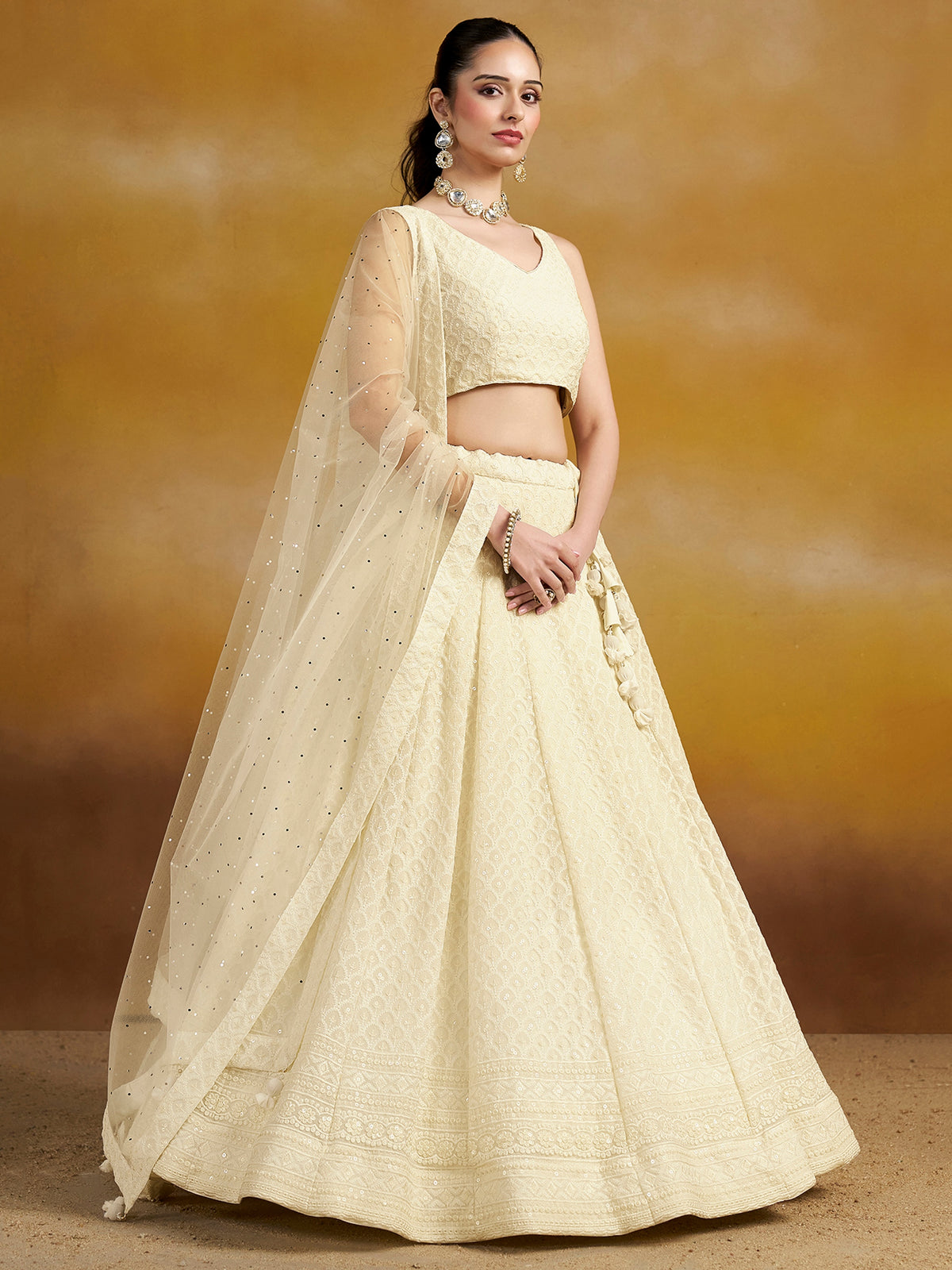 White Embroidered Lehenga Choli with Sheer Dupatta