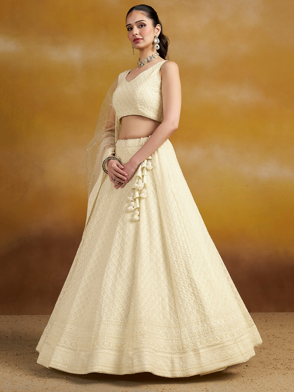 White Embroidered Lehenga Choli with Sheer Dupatta