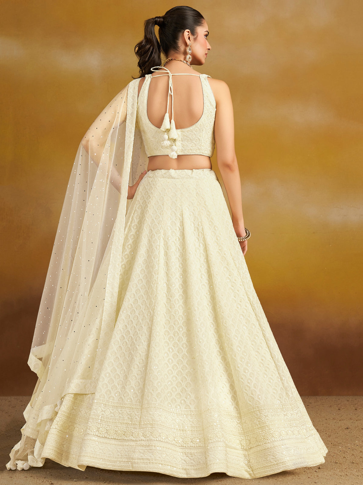 White Embroidered Lehenga Choli with Sheer Dupatta