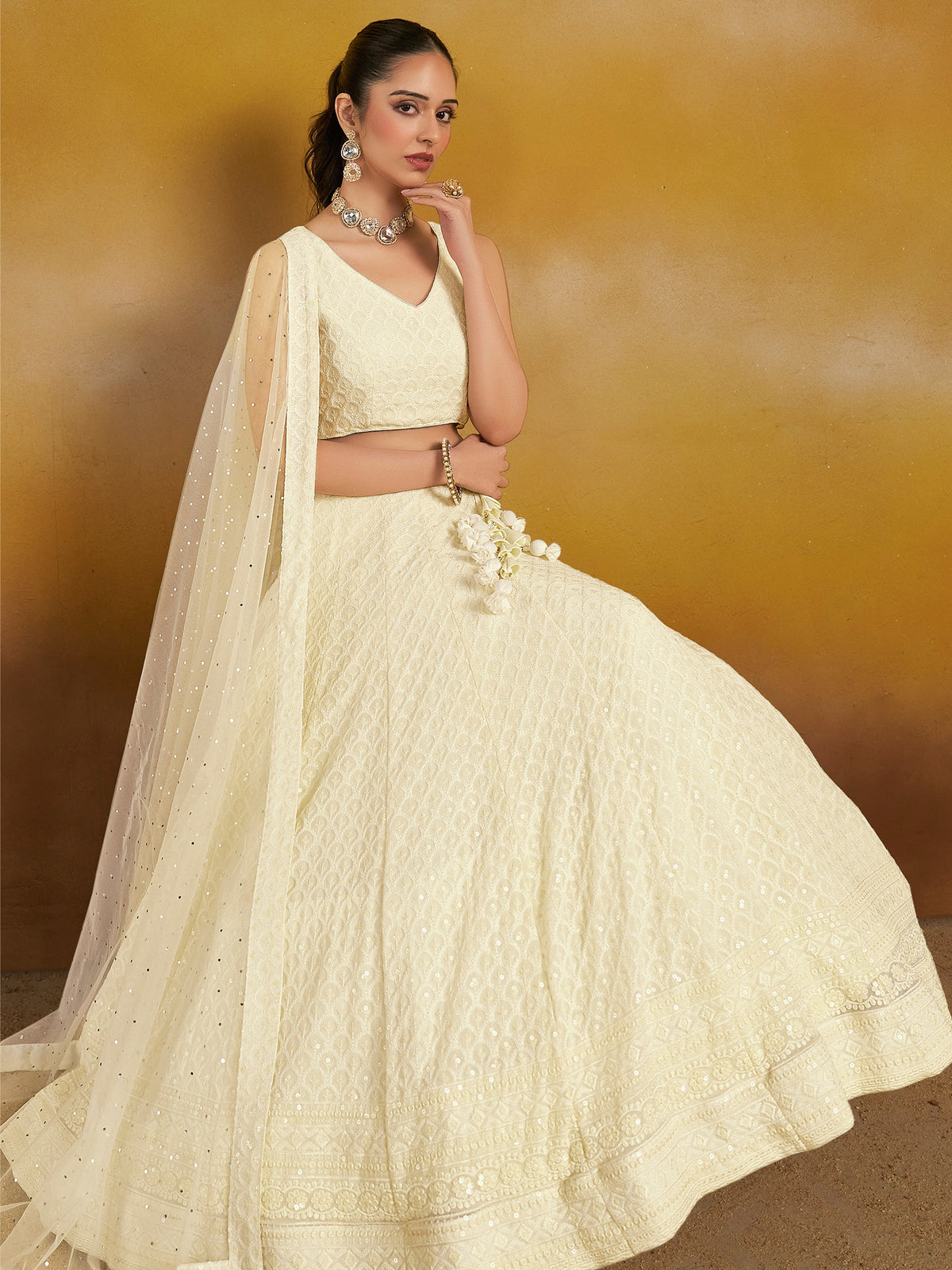 White Embroidered Lehenga Choli with Sheer Dupatta
