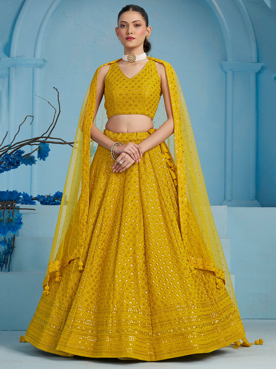 Mustard Yellow Embroidered Lehenga Choli with Matching Dupatta