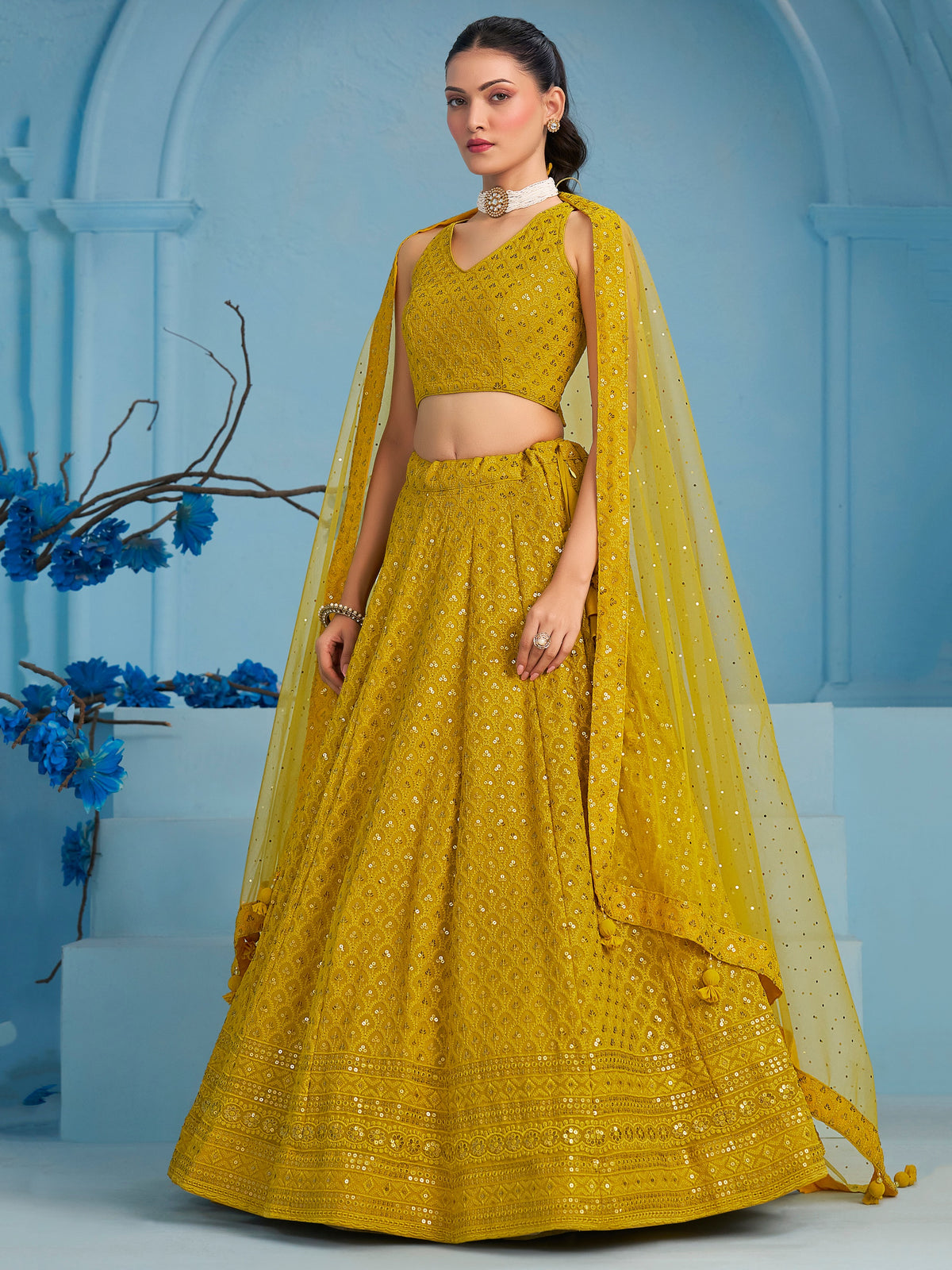 Mustard Yellow Embroidered Lehenga Choli with Matching Dupatta