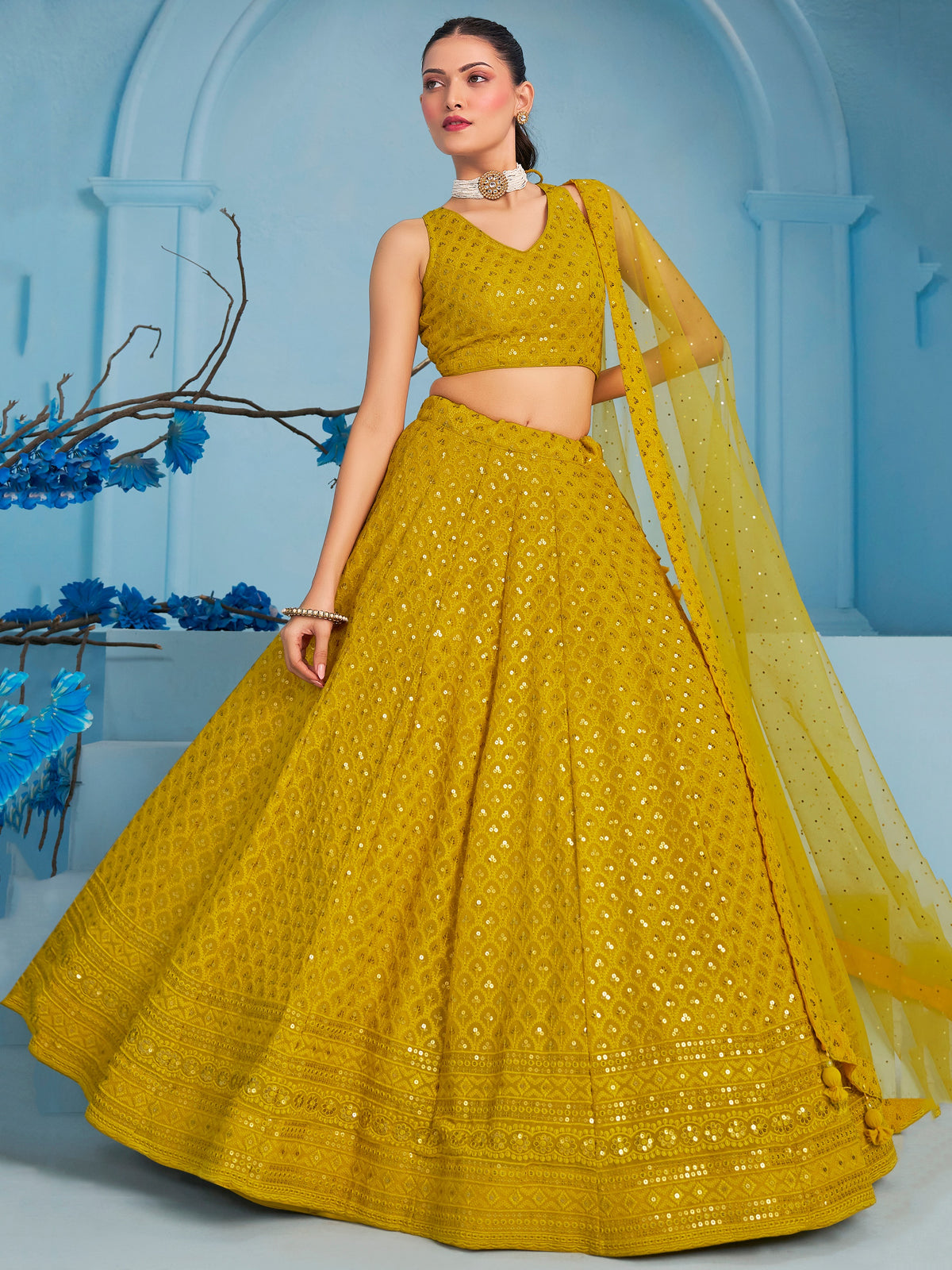 Mustard Yellow Embroidered Lehenga Choli with Matching Dupatta