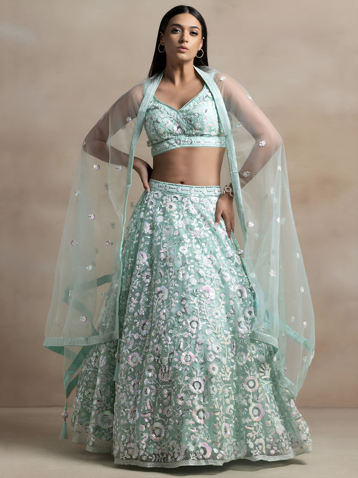 Pastel Mint Green Embroidered Bridal Lehenga Choli with Net Dupatta