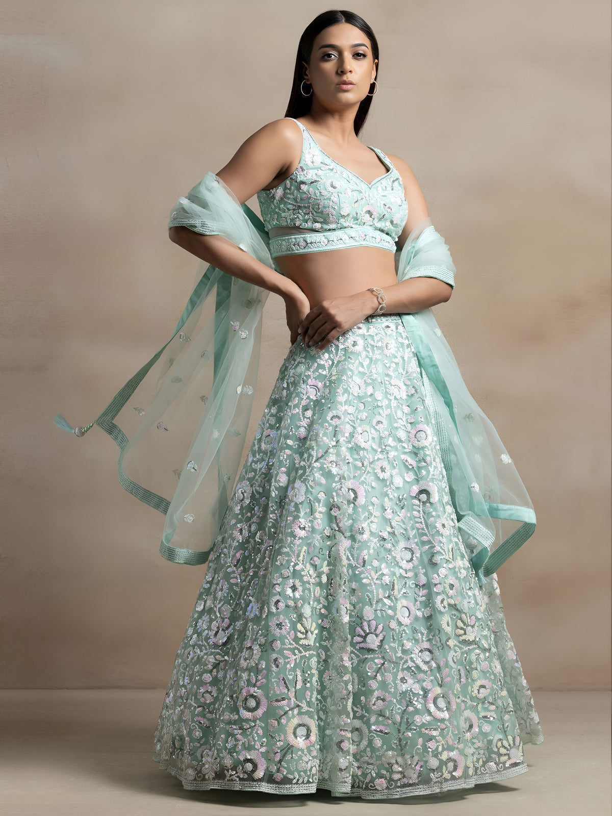 Pastel Mint Green Embroidered Bridal Lehenga Choli with Net Dupatta