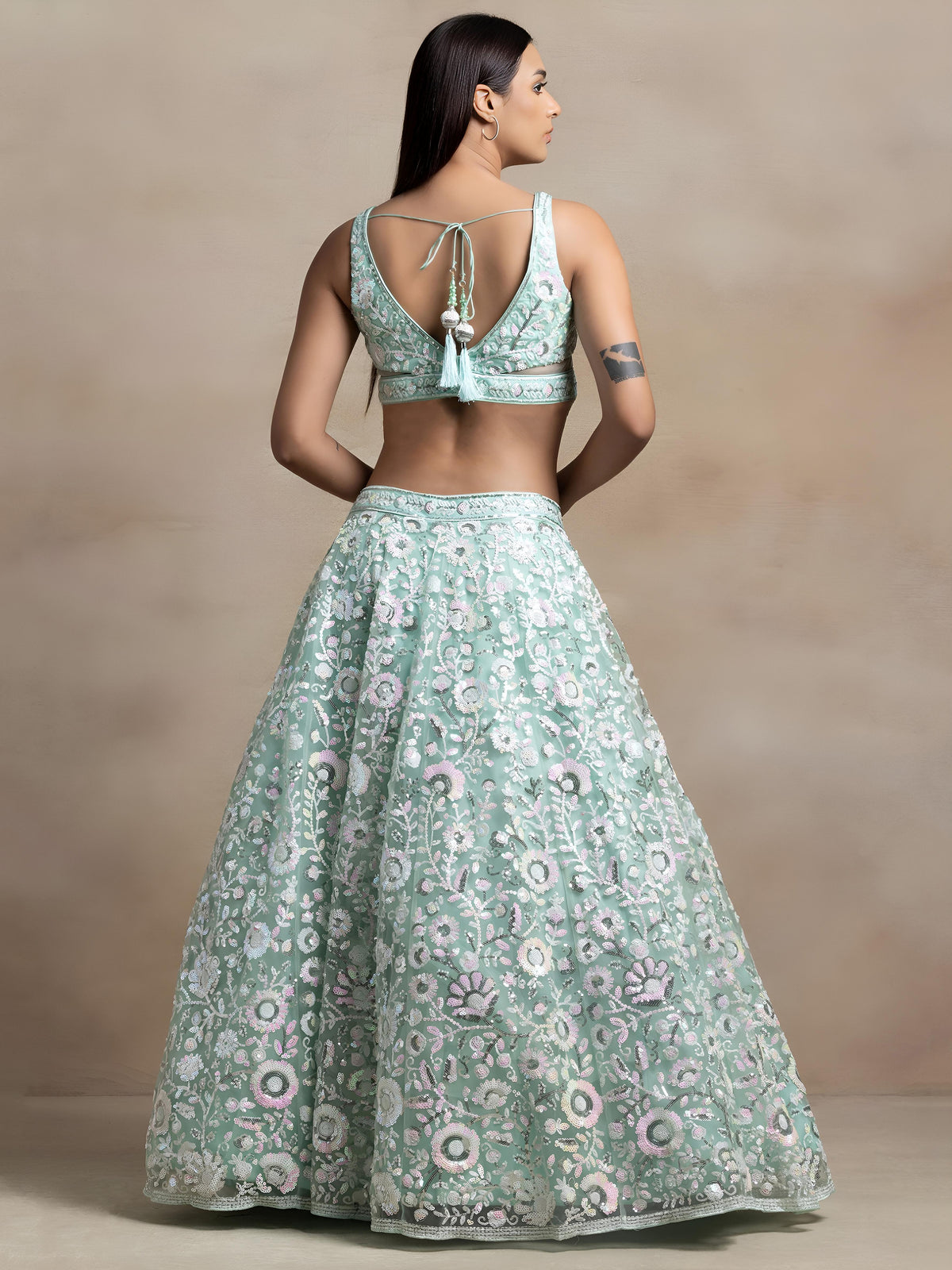Pastel Mint Green Embroidered Bridal Lehenga Choli with Net Dupatta