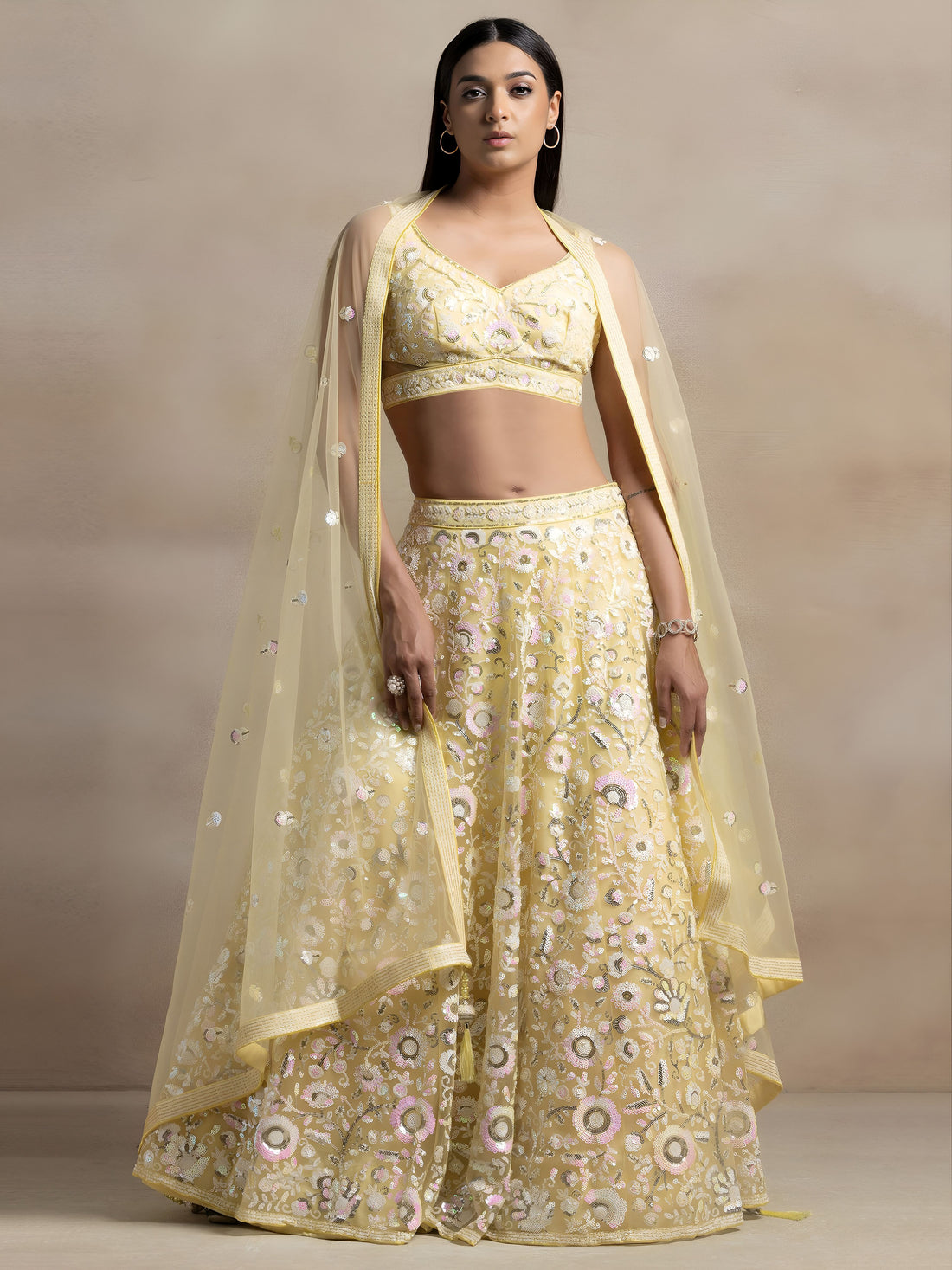 Pastel Yellow Floral Embroidered Lehenga Choli with Sheer Dupatta